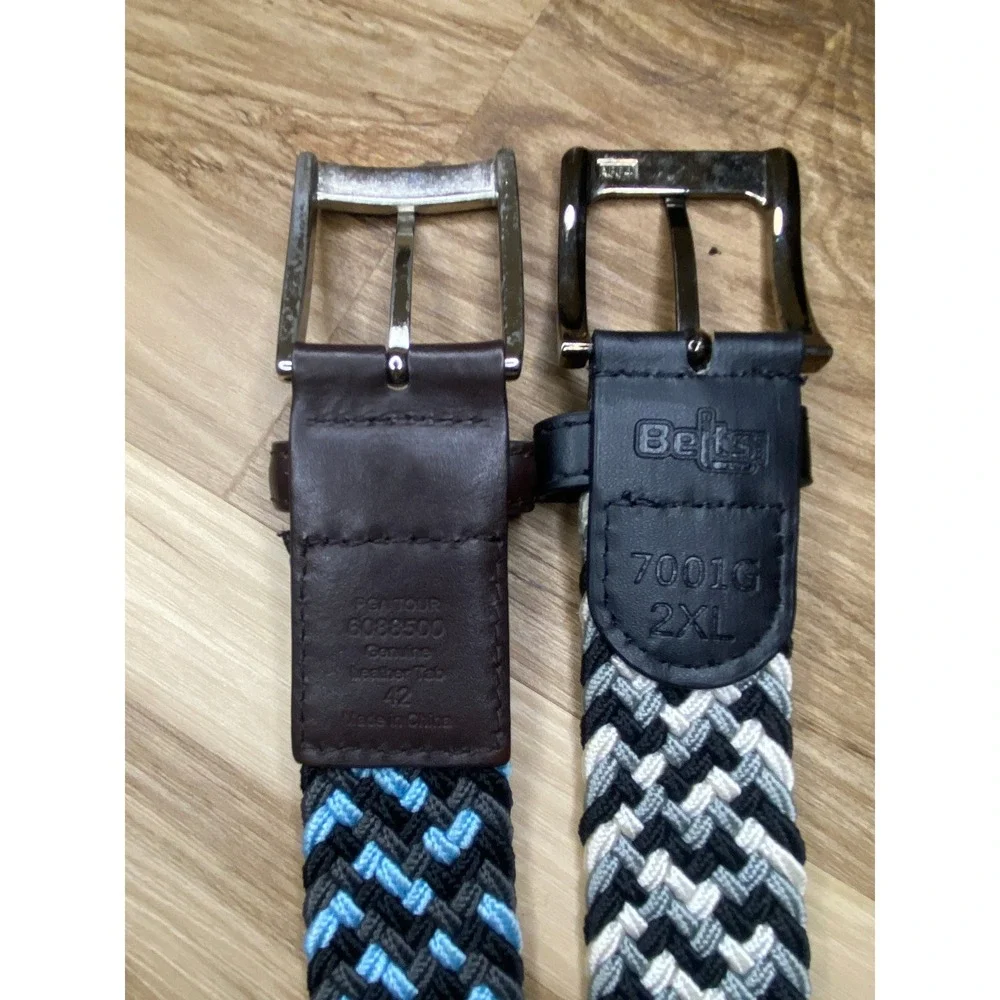 Mens Braided Elastic Stretch Belt Lot 2 Blue Grey Black Chevron Woven 42 & 2XL